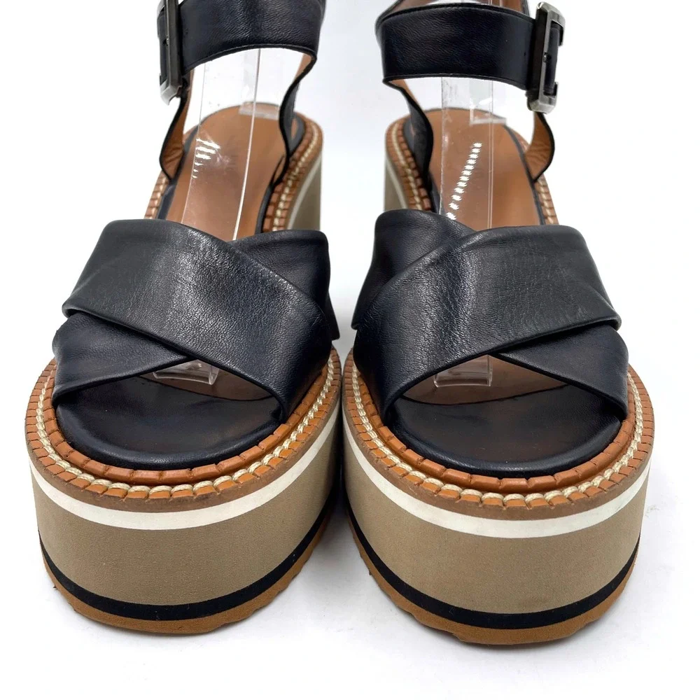 Clergerie Noemi Platform Wedge Sandals Black Leather Criss Cross‎ Sz 40.5 / 10